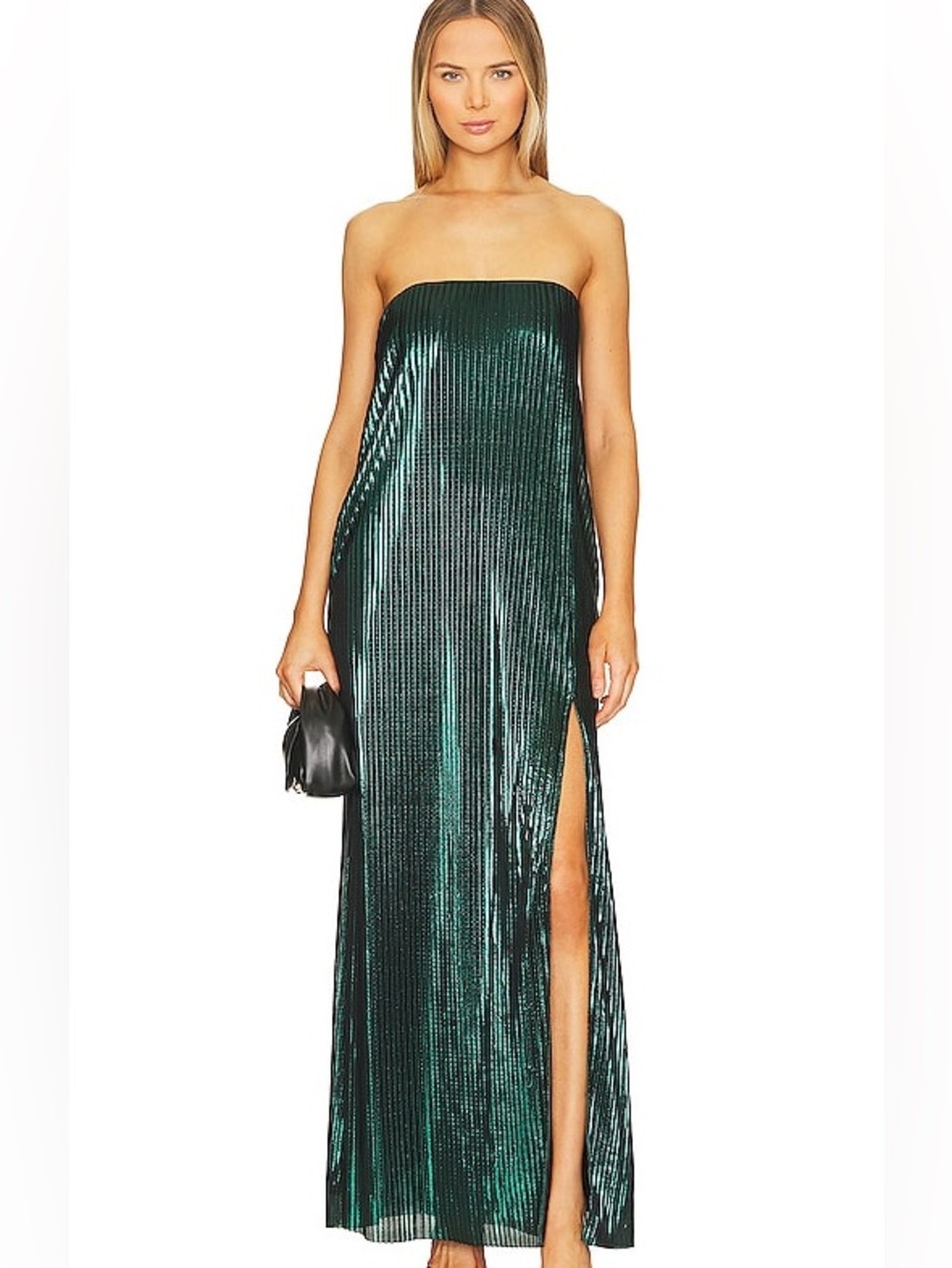 House of Harlow 1960 Strapless Emerald Green Pleated Maxi Dress with Side Slit - Picture 1 of 8